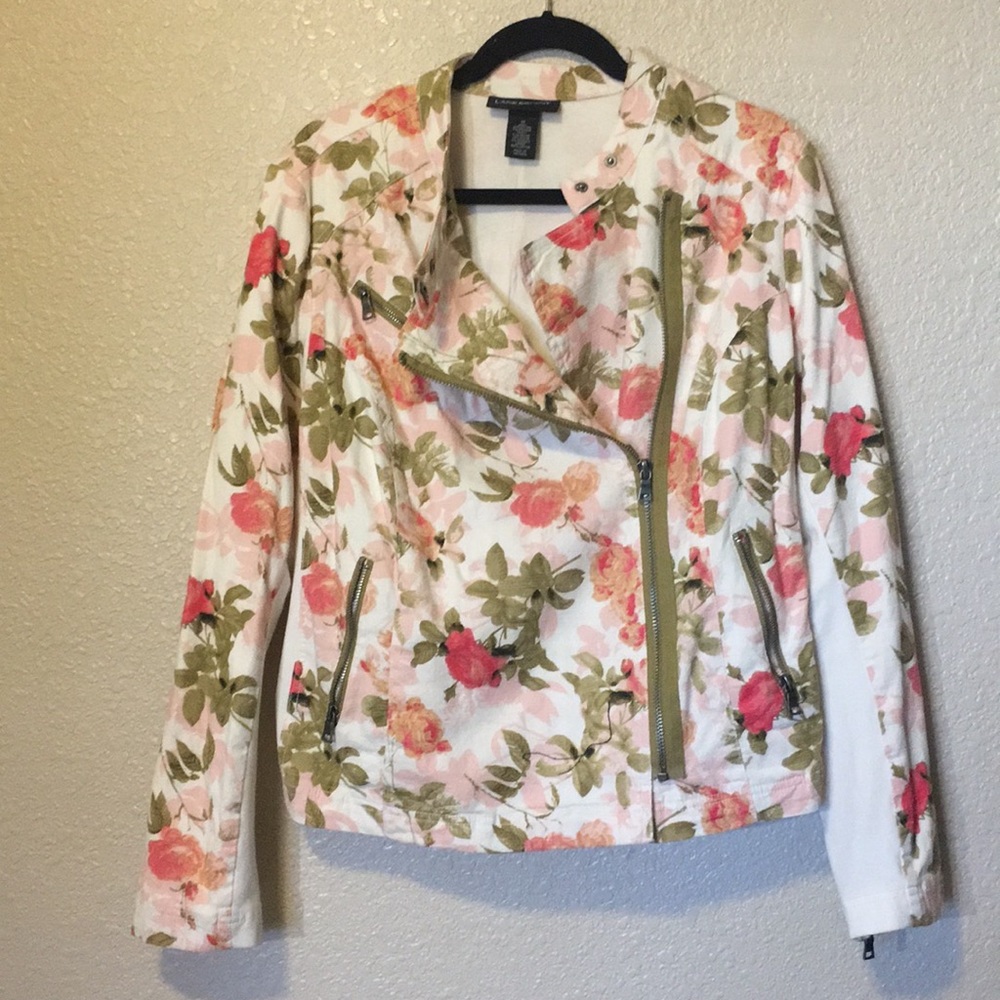 Lane Bryant White Floral Zip Moto Jacket with Pink and Green Print
